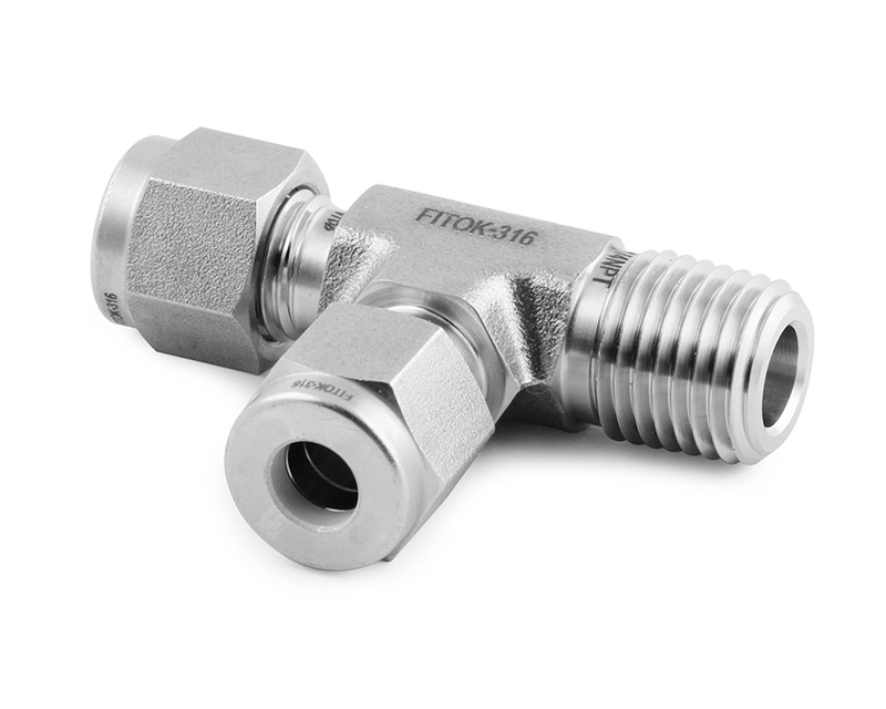 316 Stainless Steel, FITOK 6D Series Tube Fitting, Male Run Tee, 10 mm Tube OD × 1/2 Male NPT × 10 mm Tube OD