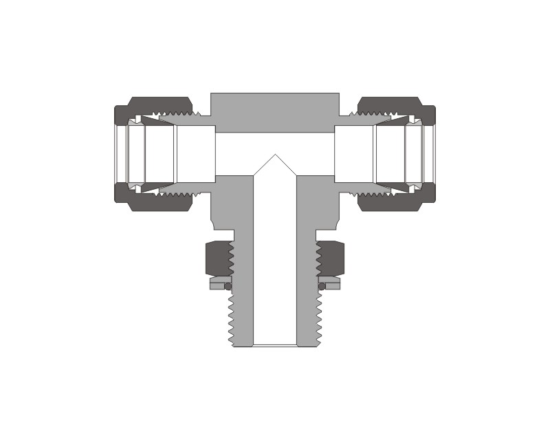 Positionable Male Branch Tee, 316SS, 3/8in. x 3/8in. Tube OD, 2-Ferrule x Branch 9/16-18 SAE/MS Straight Thread